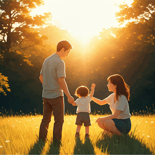 Família — pai, mãe e filho em campo iluminado pelo sol